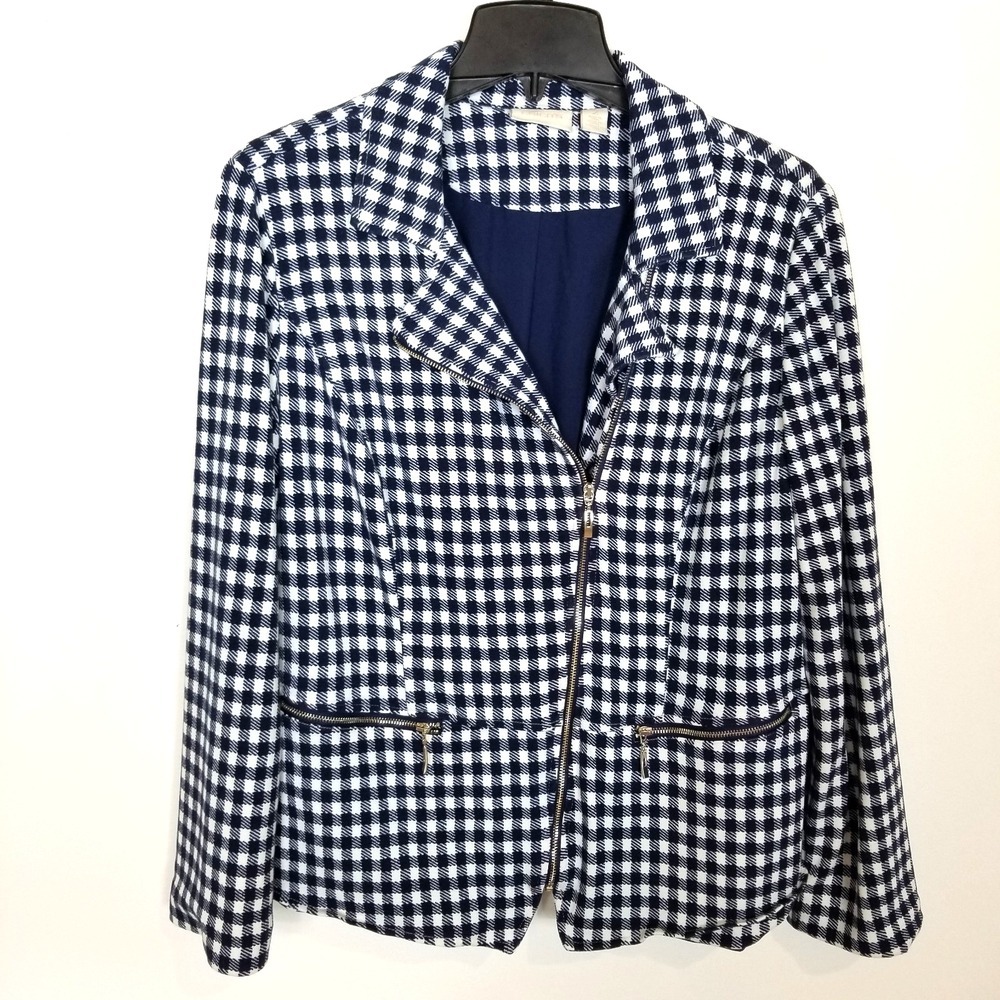 Chico's Women Gingham Moto Zip Jacket Sz L Blue White Casual Preppy Rayon